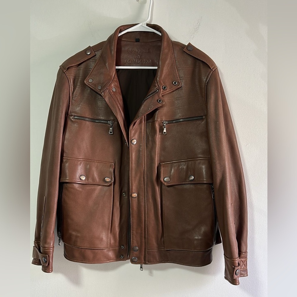 La Pelle by Pollidoro Lambskin Leather Jacket Brown Leather Military Jacket